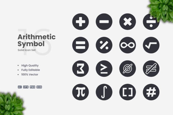 Arithmetic Symbol Solid Icons for Streamlined Design Workflows